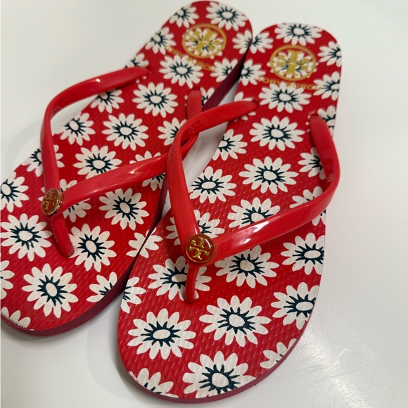 Tory Burch Red Nantucket Daisy Floral Flip‎ Flop Sandals Size 9 - Picture 5 of 9